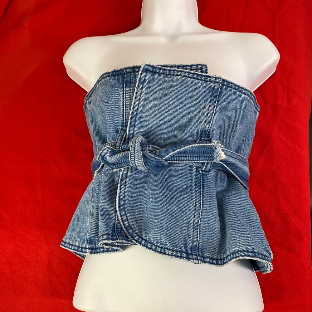 Zara Denim Strapless Peplum Top in Blue - Picture 1 of 10